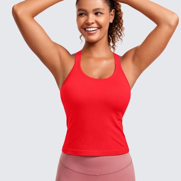 Deep Red Seamless Ribbed Womens Tank Top Racerback Camisoles with Built-in Bra, - Picture 2 of 5